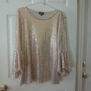 MSK Blouse Women's XL Gold Champagne Shimmer Bell Sleeve Flare Party Holiday Top